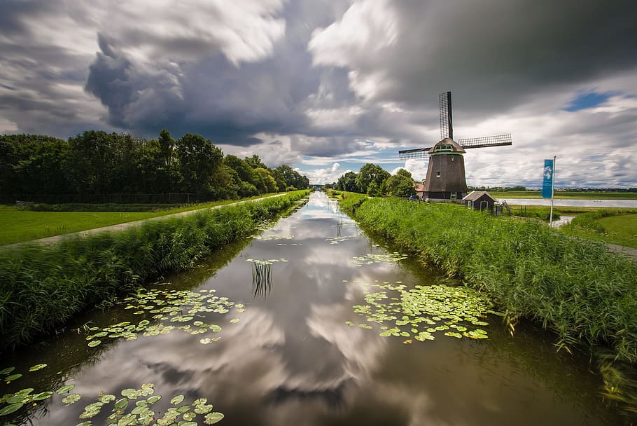 fiume e mulino a vento, nuvole, acqua, mulino a vento, canale, canali, diga, nuvola - cielo, cielo, pianta, architettura, natura, struttura costruita, bellezza nella natura, conservazione dell'ambiente, crescita, albero, combustibile e produzione di energia, colore verde, ambiente, energia rinnovabile, turbina, turbina eolica, energia alternativa, nessuno, all'aperto, 1080P
