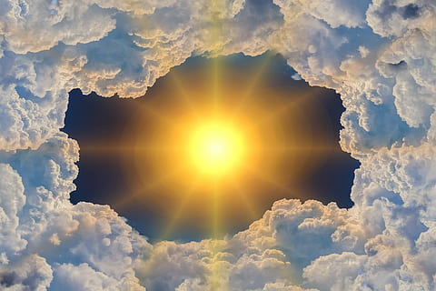 sun, clouds illustration, cloud, climate, climate change, climate fluctuation, hole in the ozone layer, ozone, ozone layer, weather, hot, heat, cloud - sky, sky, heaven, sunbeam, cloudscape, sunlight, beauty in nature, nature, idyllic, lens flare, no people, outdoors, scenics - nature, tranquility, religion, sunset, digital composite, spirituality, dramatic sky, bright, 5K, CC0, public domain, royalty free