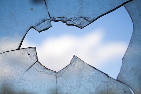 close, shot, braked glass, broken window, hole, glass, damage, shattered, sharp, break, cracks, fracture, sky, architecture, no people, nature, cloud - sky, glass - material, day, built structure, blue, outdoors, window, shape, backgrounds, damaged, low angle view, broken, reflection, close-up, building exterior, 1080P, CC0, public domain, royalty free