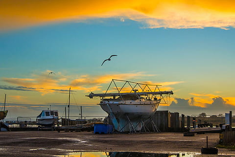 calshot, západ slunce, nebe, loď, nebe, loď, Spojené státy americké, přeprava, moře, námořní plavidlo, přístav, zvířat, způsob dopravy, pták, zvíře, obratlovců, voda, zvířata ve volné přírodě, mrak - nebe, Příroda, nikdo, létající, oranžová barva, kotvící, venku, racek, plachetnice, 5K, CC0, veřejná doména, bez autorských práv
