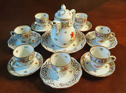 white-and-pink, floral, tea, set, brown, wooden, surface, tea set, china, fine china, chinaware, teacups, cups, teapot, pot, saucers, teatime, refined, traditional, cultured, refreshment, oscar de la renta, cup, crockery, porcelain, plate, cultures, saucer, mug, ceramics, tea cup, indoors, no people, food and drink, large group of objects, table, high angle view, pattern, tea - hot drink, still life, drink, antique, floral pattern, tray, 4K, CC0, public domain, royalty free