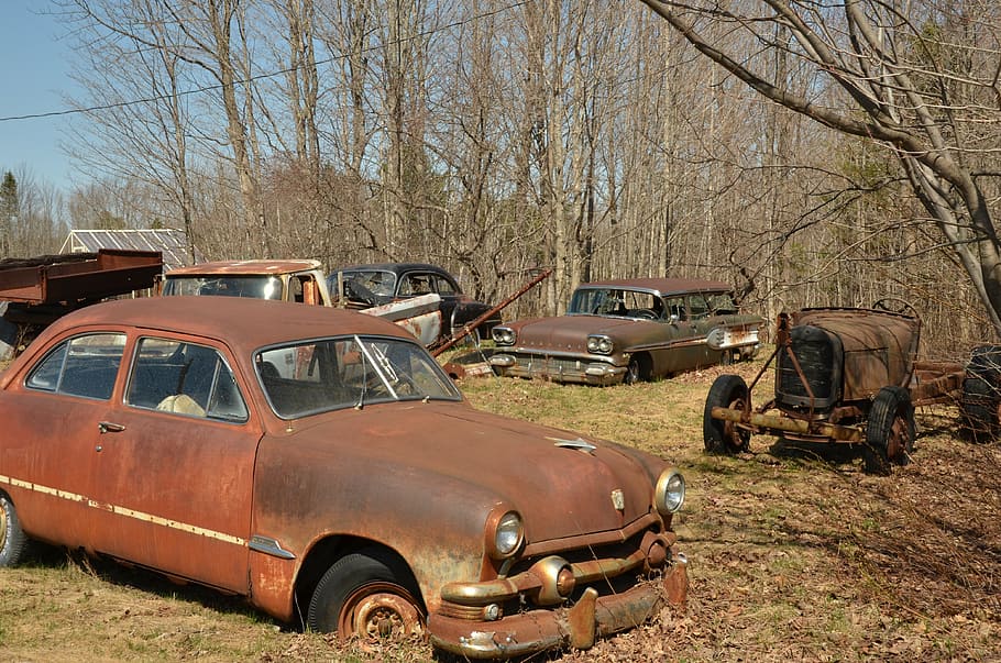 Auto, alt, Rost, braun, Jahrgang, Antiquität, Oldtimer, Transportmittel, Kraftfahrzeug, Transport, Landfahrzeug, verlassen, Baum, kahler Baum, beschädigt, Tag, Ablehnen, obsolet, Verschlechterung, rostig, Feld, Natur, heruntergewirtschaftet, Metall, schlechter Zustand, keine Leute, draußen, Schrottplatz, 4K