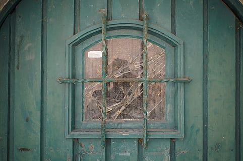 window, door, green, broken, grid, wood - material, no people, day, old, weathered, entrance, architecture, safety, hanging, outdoors, close-up, metal, security, built structure, rusty, closed, wall - building feature, building, 4K, CC0, public domain, royalty free
