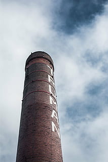 brown, truman, concrete, tower, blue, sky, lighthouse, chimney, industry, factory, pollution, low angle view, cloud - sky, smoke stack, building exterior, day, nature, environmental issues, architecture, built structure, tall - high, no people, outdoors, environment, air pollution, 5K, CC0, public domain, royalty free