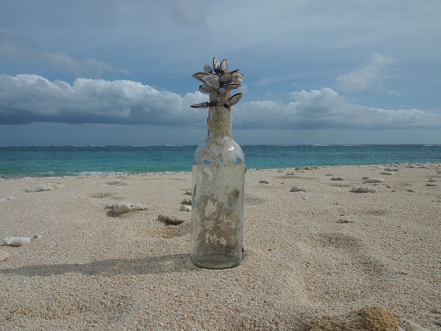 Yoron, skal, sjov, flaske, strand, hav, himmel, vand, horisont, jord, horisont over vand, sky - himmel, skønhed i naturen, natur, ro, scenics - natur, rolig scene, dag, ingen mennesker, Kunst og håndværk, ikke-urbane scene, idyllisk, sand, udendørs, turkisfarvet, 4K
