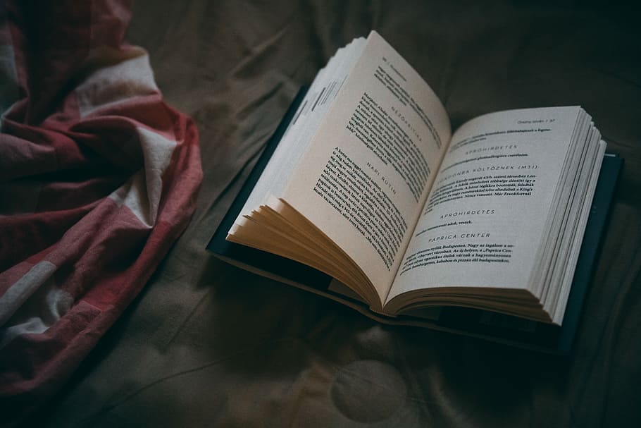 llibre, marró, tèxtil, obert, llit, lectura, pàgines, tipus, fosc, tecla baixa, llum, moment congelat, nòrdic, tardor, càlid, còmode, casa, publicació, educació, literatura, pàgina, a l'interior, cap gent, experiència, religió, text, paper, creença, saviesa, primer pla, natura morta, espiritualitat, vell, llibre de tapa dura, 5K