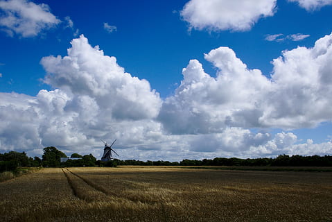 väderkvarn, himmel, moln, stackmoln, fält, lantbruk, landskap, miljö, moln - himmel, landsbygden scen, landa, vindturbin, turbin, vindkraft, natur, bruka, bränsle och kraftproduktion, växt, scenics - natur, skönhet i naturen, lugn plats, miljövård, förnybar energi, inget folk, utomhus, 2K, CC0, offentligt domän, royaltyfria