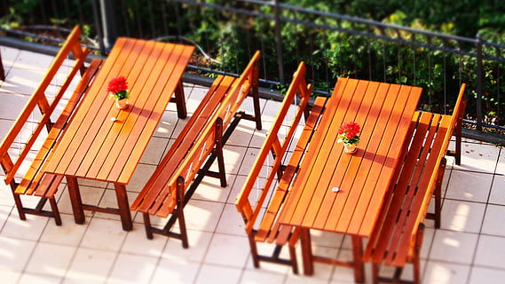 tavoli da pranzo, tavolo, mangiare, tavolo da pranzo, celebrazione, rompere, banca, ristorante, rilassare, pausa caffè, caffè, tazza, decorazione della tavola, riposo, bere, sedersi, prima colazione, posto a sedere, nessuno, legno - materiale, vista dall'alto, assenza, sedia, natura, giorno, preparativi, concentrarsi sulle conoscenze acquisite, colore arancione, all'aperto, pianta, cultura artistica e intrattenimento, di fila, grande gruppo di oggetti, ordine, musica, vuoto, rilassamento, sedia per esterni, 4K, CC0, dominio pubblico, privo di copyright