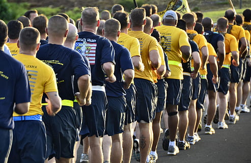 people, walking, Jogging, Group, Runners, Unit, Formation, activity, fitness, sport, unison, joggers, jog, athletic, adults, active, outside, in a row, large group of people, uniform, rear view, togetherness, unity, crowd, group of people, real people, men, clothing, day, adult, cooperation, standing, side by side, yellow, outdoors, teamwork, soccer team, 4K, CC0, public domain, royalty free