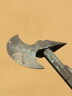 ax, halberd, weapon, sharp, dangerous, fight, knight, middle ages, iron, blade, cut weapon, stabbing weapon, equipment, steel, work Tool, metal, hand tool, tool, close-up, no people, single object, indoors, hammer, shape, still life, copy space, diy, low angle view, studio shot, focus on foreground, two objects, hand saw, plane, spanner, 2K, CC0, public domain, royalty free