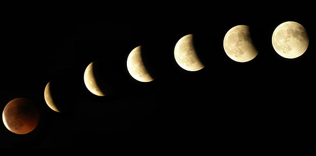 tidsmessig fotografering, planetmåne, måne, formørkelse, fasene, fullmåne, rom, astronomi, natt, naturlig fenomen, himmel, ingen folk, natur, vitenskap, svart bakgrunn, digital kompositt, endring, Halvmåne, utendørs, på rad, gruppe av objekter, mørk, variasjon, skiftende skjema, bane rundt, måneskinn, 5K, CC0, offentlig domene, opphavsrett gratis