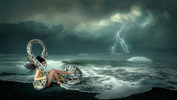 woman, python, beach, cloudy, sky illustration, sky, illustration, fantasy, drama, mood, composing, mystical, landscape, atmosphere, fairy tales, mysterious, mysticism, girl, light, dramatic, atmospheric, fantastic, fairytale, magic, water, sea, clouds, snake, surf, storm, spray, forward, weather, thunderstorm, dark clouds, gloomy, storm clouds, outdoors, real people, one person, nature, lightning, cloud - sky, storm cloud, power in nature, full length, motion, people, young adult, sport, environment, warning sign, adult, 4K, CC0, public domain, royalty free