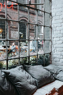 pillows, exhibition, Beds, bed, red, weight, scales, cushions, bedding, duvet, window, architecture, built structure, no people, building exterior, building, furniture, day, vertebrate, animal themes, animal, group of animals, outdoors, safety, wall - building feature, security, wall, domestic, 4K, CC0, public domain, royalty free