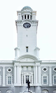 architecture, building, clock, facade, perspective, time, windows, building exterior, built structure, sky, arch, day, tower, the past, one person, history, real people, religion, place of worship, entrance, clear sky, travel destinations, incidental people, outdoors, government, architectural column, 1080P, CC0, public domain, royalty free