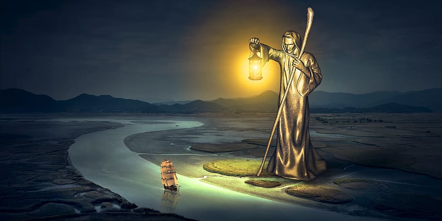 Gott, Wasser, halten, Laterne, Digital, Tapete, Fantasie, Fluss, Statue, Licht, Schiff, Nacht-, Landschaft, Natur, komponieren, Mystik, mystisch, Märchen, surreal, Fantasiebild, Stimmung, atmosphärisch, hell, Gelb, Orange, Fantastisch, Gold-gelb, wunderschönen, bewachen, Bank, Rechnung, Fotomontage, Fotocollage, Collage, Himmel, keine Leute, Reiseziele, Schönheit in der Natur, Skulptur, beleuchtet, Geschichte, die Architektur, die Vergangenheit, draußen, Szenen - Natur, Umgebung, Land, Langzeitbelichtung, 5K