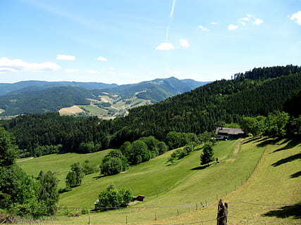 antenne, fotografering, grønn, bladtrær, hvit, skyer, dagtid, svart skog, skog, utsikt, landskap, utsikt, fjernsyn, skoghus, fjell, scenics, jordbruk, landlige scene, tre, himmel, naturskjønnhet - natur, skjønnhet i naturen, rolig scene, grønn farge, miljø, ro, anlegg, sky - himmel, land, vekst, natur, dag, ikke-urbane scene, felt, ingen folk, idylliske, utendørs, rullende landskap, 2K, CC0, offentlig domene, opphavsrett gratis