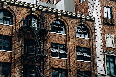 building, bricks, fire, escape, windows, fire escape, architecture, built structure, building exterior, window, low angle view, day, residential district, no people, brick, wall, brick wall, old, outdoors, city, arch, side by side, abandoned, glass - material, apartment, 1080P, CC0, public domain, royalty free