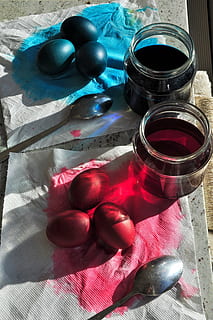 easter eggs, color, colorful, easter, easter egg, egg, decoration, chicken eggs, spring, dye easter eggs, easter egg painting, painting, colors of nature, blue, red, customs, osterrn, colored eggs, colored, still life, high angle view, table, no people, indoors, container, textile, glass - material, close-up, day, jar, bottle, group of objects, sunlight, food and drink, tablecloth, directly above, nature, ball, 4K, CC0, public domain, royalty free