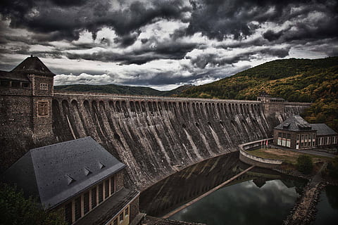 dæmning, Stenmur, tung, skyer, hdr, himmel, tunge skyer, flod, natur, vandkraftværk, arkitektur, landskab, vand, brændstof og elproduktion, bygget struktur, berømte sted, udendørs, sky - himmel, vejr, ingen mennesker, dag, bygning udvendig, bjerg, bygning, overskyet, vandkraft, historie, fortiden, scenics - natur, storm, 5K, CC0, offentligt domæne, royaltyfrie