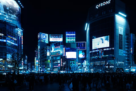 new, york times square, nighttie, shibuya, intersection, skyline, night, darkness, glitter, light, outdoors, blue, blue light, building, tokyo, shibuya crossing, illuminated, architecture, building exterior, neon, city, no people, technology, built structure, crowd, large group of people, city life, commercial sign, communication, text, group of people, street, real people, travel destinations, advertisement, modern, office building exterior, skyscraper, cityscape, nightlife, 5K, CC0, public domain, royalty free