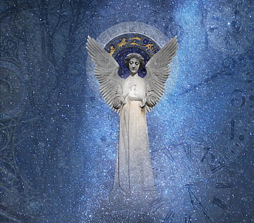 tempo, angelo, luce, orologio, orologi, misterioso, zodiaco, orologio astrologico, astrologia, rappresentazione umana, rappresentazione, scultura, arte e artigianato, statua, nessuno, creatività, Inquadratura dal basso, mestiere, blu, architettura, natura, somiglianza maschile, somiglianza femminile, giorno, religione, intaglio - prodotto artigianale, destinazioni di viaggio, Fontana, il passato, 2K, CC0, dominio pubblico, privo di copyright