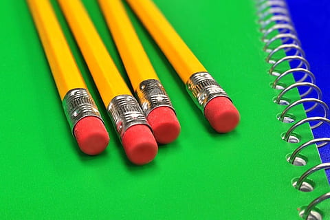 school pencils, desk, School, pencils, various, education, learning, student, study, pencil, multi Colored, yellow, colors, blue, creativity, equipment, green color, colored pencil, eraser, rubber, no people, close-up, still life, indoors, writing instrument, table, large group of objects, art and craft, choice, high angle view, variation, arrangement, green background, 2K, CC0, public domain, royalty free