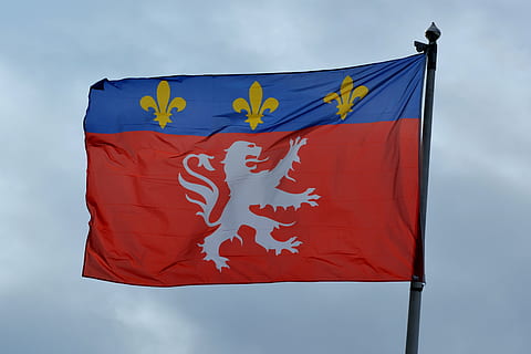 flag, lion, lyon, flutter, symbol, waving, sky, patriotism, cloud - sky, nature, blue, wind, environment, red, pole, no people, outdoors, day, low angle view, multi colored, unity, maple leaf, global communications, 4K, CC0, public domain, royalty free