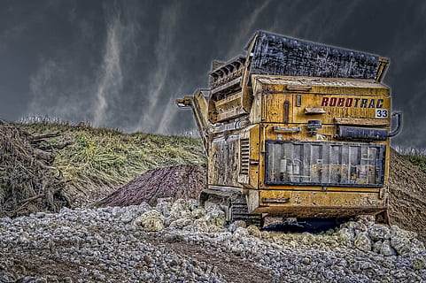 rendegraver, byggemateriale, motorveje, jord, natur, Mark, ingen mennesker, landbrug, himmel, landskab, plante, dag, land køretøj, gård, sky - himmel, transportmidler, landlige scene, transportform, gul, udendørs, afgrøde, forladt, gammel, 2K, CC0, offentligt domæne, royaltyfrie