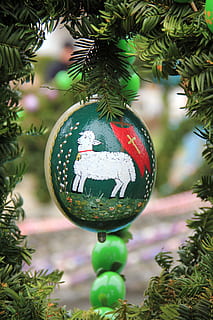 Easter Egg, Well, Sheep, easter, easter well, passover, green, christmas, tree, decoration, christmas Ornament, sphere, christmas Tree, branch, christmas Decoration, holiday, green Color, celebration, winter, ornate, fir Tree, season, no People, pine Tree, focus on foreground, close-up, hanging, celebration event, holiday - event, plant, day, outdoors, 5K, CC0, public domain, royalty free