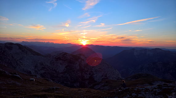 sunset, nature, clouds, landscape, afterglow, abendstimmung, sky, twilight, sun, evening sky, romantic, scenics - nature, mountain, beauty in nature, tranquil scene, tranquility, environment, cloud - sky, mountain range, non-urban scene, sunlight, idyllic, remote, travel destinations, no people, travel, outdoors, mountain peak, 5K, CC0, public domain, royalty free