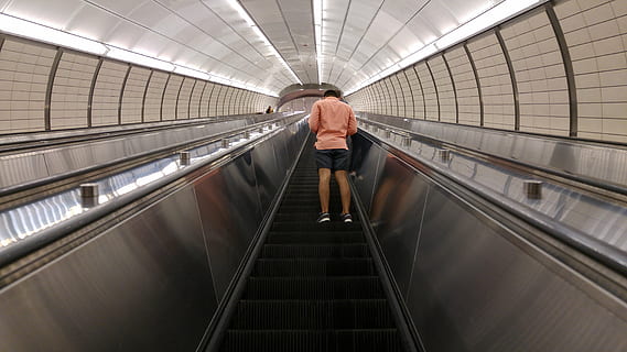 nyc, underground, modern, station, urban, tube, staircase, transportation, architecture, moving, lines, one person, indoors, full length, rear view, adult, standing, escalator, motion, on the move, illuminated, railing, the way forward, travel, technology, walking, direction, moving walkway, diminishing perspective, ceiling, 5K, CC0, public domain, royalty free