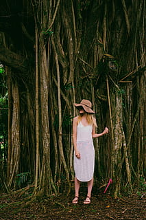 donna, in piedi, albero, davanti, Marrone, foresta, tronco d'albero, cappello, cappello floscio, avventura, vita, cappello da sole, emozione, ragazza, foresta pluviale, giungla, una persona, pianta, persone reali, lunghezza intera, terra, attività di svago, capi di abbigliamento, stili di vita, donne, tronco, abbigliamento casual, crescita, natura, vista frontale, acconciatura, bosco, all'aperto, innocenza, 2K, CC0, dominio pubblico, privo di copyright