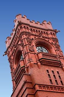 Tower, Building, Clock Tower, Tower, Clock, tower, building, clock, architecture, exterior, structure, victorian, cardiff, wales, brick, building exterior, low angle view, sky, blue, built structure, clear sky, the past, history, nature, day, no people, belief, place of worship, religion, outdoors, travel destinations, sunlight, 4K, CC0, public domain, royalty free