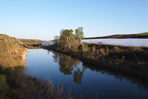 log, river, spring, sky, water, sunset, clear sky, tranquility, scenics - nature, tranquil scene, nature, reflection, beauty in nature, lake, plant, blue, no people, non-urban scene, day, land, copy space, landscape, outdoors, 1080P, CC0, public domain, royalty free