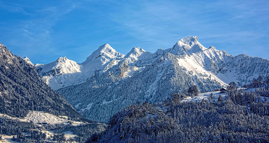 muntanya, cobert, neu, blau, cel, ocell, vista d'ulls, muntanya de neu, arbre, hivern, alp, paisatge, casa, granja, cable, bosc, suïssa, sarnen, temperatura de fred, escenics - natura, bellesa a la natura, Serra, naturalesa, muntanya nevada, medi ambient, cap gent, planta, escena tranquil·la, escena no urbana, dia, a l'aire lliure, cim de muntanya, 5K