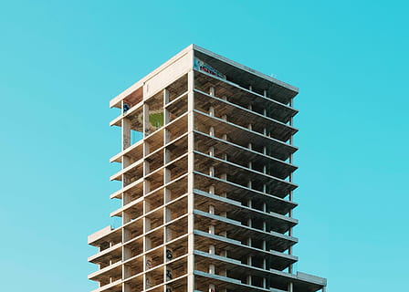 white building, architecture, building, infrastructure, tower, blue, sky, construction Industry, built Structure, apartment, building Exterior, concrete, building - Activity, skyscraper, low angle view, clear sky, no people, nature, day, office building exterior, copy space, modern, office, window, city, outdoors, tall - high, residential district, blue background, turquoise colored, 4K, CC0, public domain, royalty free