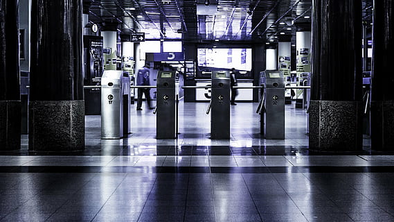 photo, transit entrance, view, silver, ga, architecture, subway, turnstiles, posts, light, people, lines, shapes, patterns, perspective, shadows, indoors, industry, factory, technology, no people, day, architectural column, flooring, built structure, modern, machinery, building, tiled floor, tile, illuminated, communication, entrance, sunlight, travel, 2K, CC0, public domain, royalty free