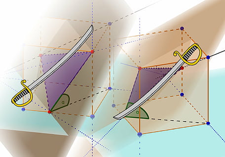 mathematic, math, intersection, geometry, cube, angle, sword, no people, multi colored, sunlight, low angle view, nature, decoration, close-up, shape, art and craft, sky, hanging, outdoors, design, day, communication, creativity, lens flare, purple, ceiling, 1080P, CC0, public domain, royalty free