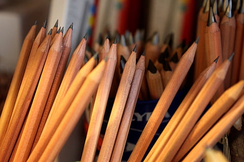 Pencil, Macro, Writing Implement, many, pencils, leave, paint, retail, choice, backgrounds, no people, indoors, close-up, large group of objects, selective focus, art and craft, wood - material, abundance, craft, multi colored, orange color, still life, creativity, variation, writing instrument, yellow, red, in a row, art and craft equipment, 5K, CC0, public domain, royalty free