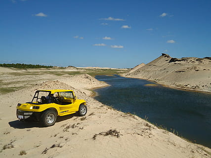 bil, bug, Strand, sand, mar, vann, bukt, natur, sommer, horisont, landskap, transport, transportmiddel, land, himmel, sollys, land kjøretøy, reise, dag, gul, solfylt, motorkjøretøy, skygge, anleggsbransjen, naturskjønnhet - natur, ørken, blå, utendørs, 4K, CC0, offentlig domene, opphavsrett gratis