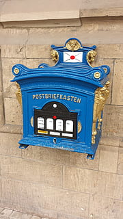retro, old, mailbox, blue, communication, text, wall - building feature, mail, no people, day, public mailbox, letter, architecture, correspondence, western script, outdoors, built structure, number, building exterior, connection, 4K, CC0, public domain, royalty free