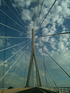 Bridge, Clouds, Future, Modern, sky, road, transportation, cloud - sky, cable, suspension bridge, outdoors, connection, built structure, bridge - man made structure, architecture, engineering, nature, cable-stayed bridge, low angle view, day, steel cable, travel destinations, mode of transportation, complexity, sailboat, 1080P, CC0, public domain, royalty free