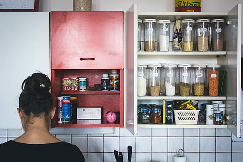 kitchen, home, Vintage, at home, cooking, kitchenware, process, indoors, people, domestic Kitchen, adult, one Person, men, home Interior, women, kitchen Counter, shelf, one woman only, rear view, only women, variation, container, bottle, large group of objects, choice, arrangement, hairstyle, hair, jar, lifestyles, portrait, retail, book, 5K