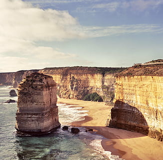 beach, cliffs, ocean, oceanshore, rocks, sea, shore, water, rock, rock - object, rock formation, solid, sky, scenics - nature, travel, nature, geology, cloud - sky, non-urban scene, beauty in nature, travel destinations, physical geography, tranquil scene, no people, day, tranquility, tourism, outdoors, eroded, stack rock, climate, layered, 4K, CC0, public domain, royalty free