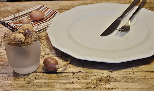 fork, knife, white, ceramic, plate, cover, empty, tableware, cutlery, porcelain, decor, service, table, board, nice prepared, serving suggestion, food, spoon, wood - Material, food and drink, high angle view, indoors, still life, no people, eating utensil, kitchen utensil, household equipment, freshness, close-up, nut - food, place setting, wellbeing, setting, table knife, crockery, 4K, CC0, public domain, royalty free