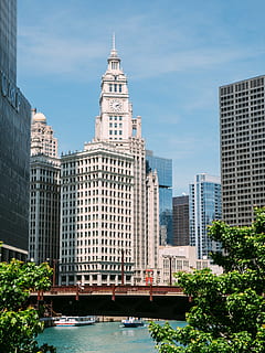 white concrete building, landscape, photography, high, raise, building, near, body, water, bridge, clock, structure, infrastructure, architecture, urban, city, travel, metropolis, building exterior, skyscraper, tower, travel destinations, sky, built structure, outdoors, urban skyline, day, office building exterior, tall - high, nature, office, plant, tree, waterfront, no people, modern, canal, cityscape, spire, 4K