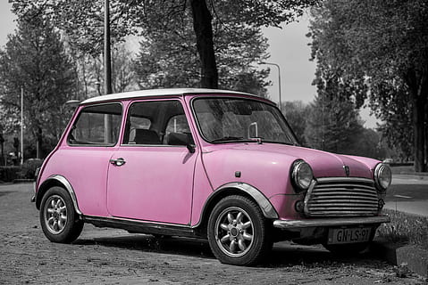 selettivo, fotografia a colori, rosa, 3 porte, 3- portellone, mini, auto, divertimento, luminosa, femmina, signora, estate, giovane, ragazza, allegro, moda, stile di vita, contento, gioia, ruote, guidare, mezzi di trasporto, colore rosa, vecchio stile, guida, albero, giorno, nessuno, all'aperto, modo di trasporto, veicolo terrestre, veicolo a motore, pianta, in stile retrò, natura, città, stazionario, concentrarsi sulle conoscenze acquisite, viaggio, strada, ruota, 5K, CC0, dominio pubblico, privo di copyright
