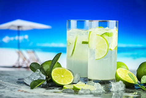 two, clear, drinking glass, liquid, lime fruits, beach, beverage, citrus, cold, detox, drink, food photography, fresh, fruit, healthy, ingredient, juice, lemonade, lime, mint, natural, nutrients, nutritious, refreshing, refreshment, sour, summer, tasty, tropical, wellbeing, glass, household equipment, citrus fruit, food and drink, water, cocktail, food, alcohol, slice, freshness, healthy eating, mojito, lemon, no people, tropical drink, outdoors, mint leaf - culinary, ice, herb, 4K
