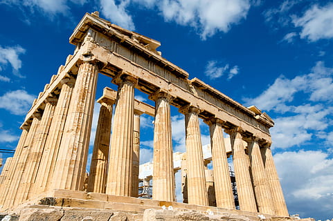 beige concrete mossuem, greece, palace, sky, parthenon, iconic, ruins, building, europe, ancient, architecture, cloud - sky, travel destinations, history, travel, built structure, the past, tourism, ancient civilization, architectural column, old ruin, low angle view, city, place of worship, nature, archaeology, no people, ruined, outdoors, ancient history, colonnade, 4K, CC0, public domain, royalty free
