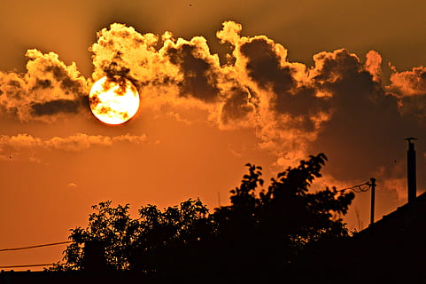 sunset, nightfall, red, dusk, sky, mood, light, in the evening, cloud - sky, tree, silhouette, beauty in nature, nature, plant, tranquility, outdoors, no people, orange color, scenics - nature, tranquil scene, dramatic sky, night, idyllic, low angle view, moon, full moon, 5K, CC0, public domain, royalty free
